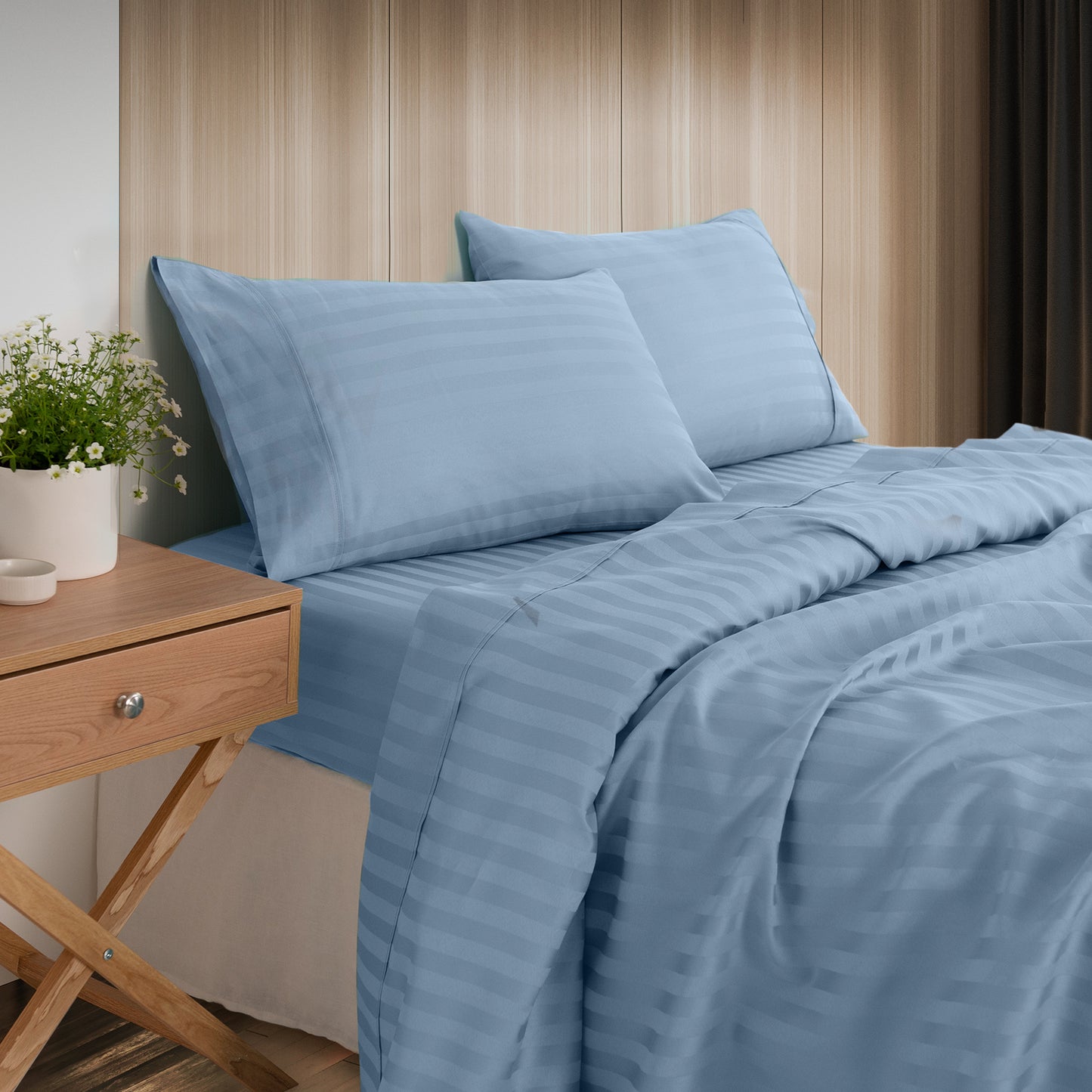 Royal Comfort 1200TC COTTON STRIPE -3PC FITTED COMBO SETS QUEEN CHAMBRAY