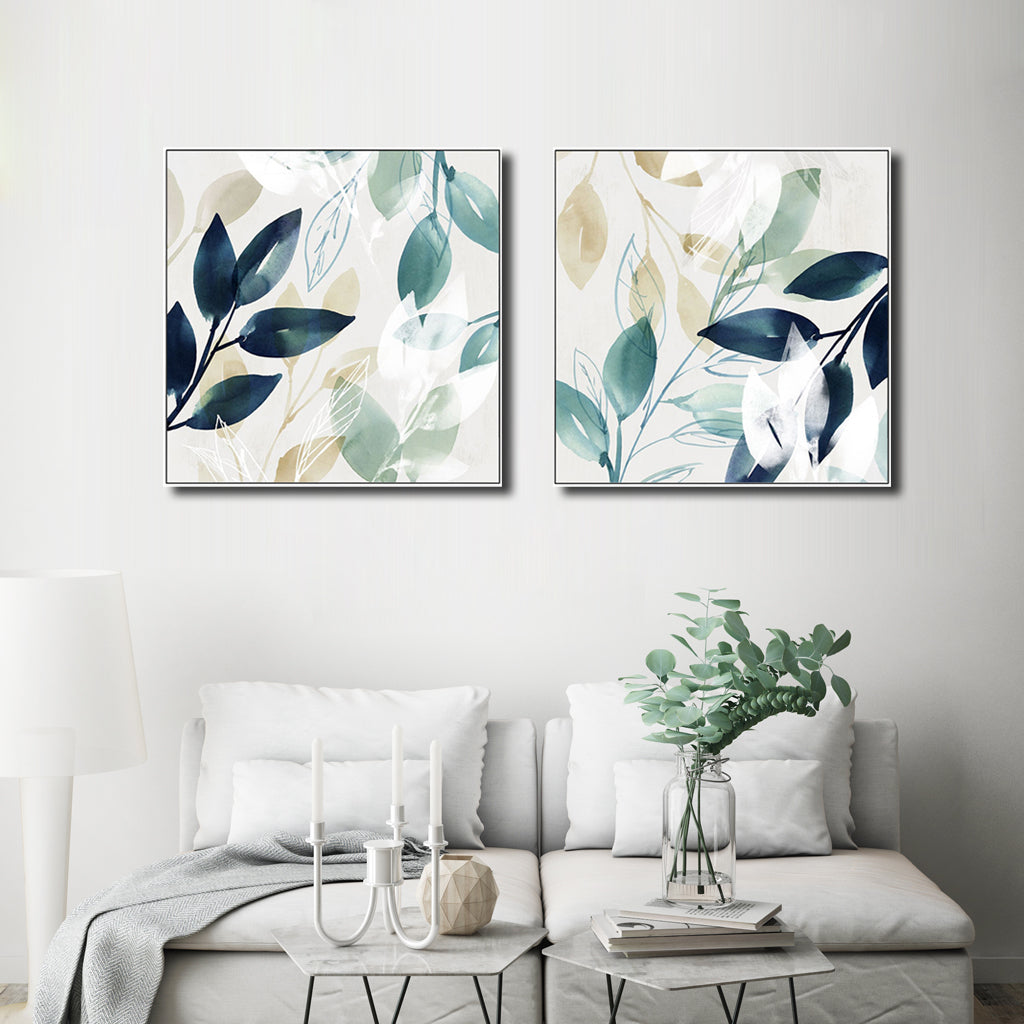 50cmx50cm Watercolour style leaves 2 Sets White Frame Canvas Wall Art - DecorHouse.com.au
