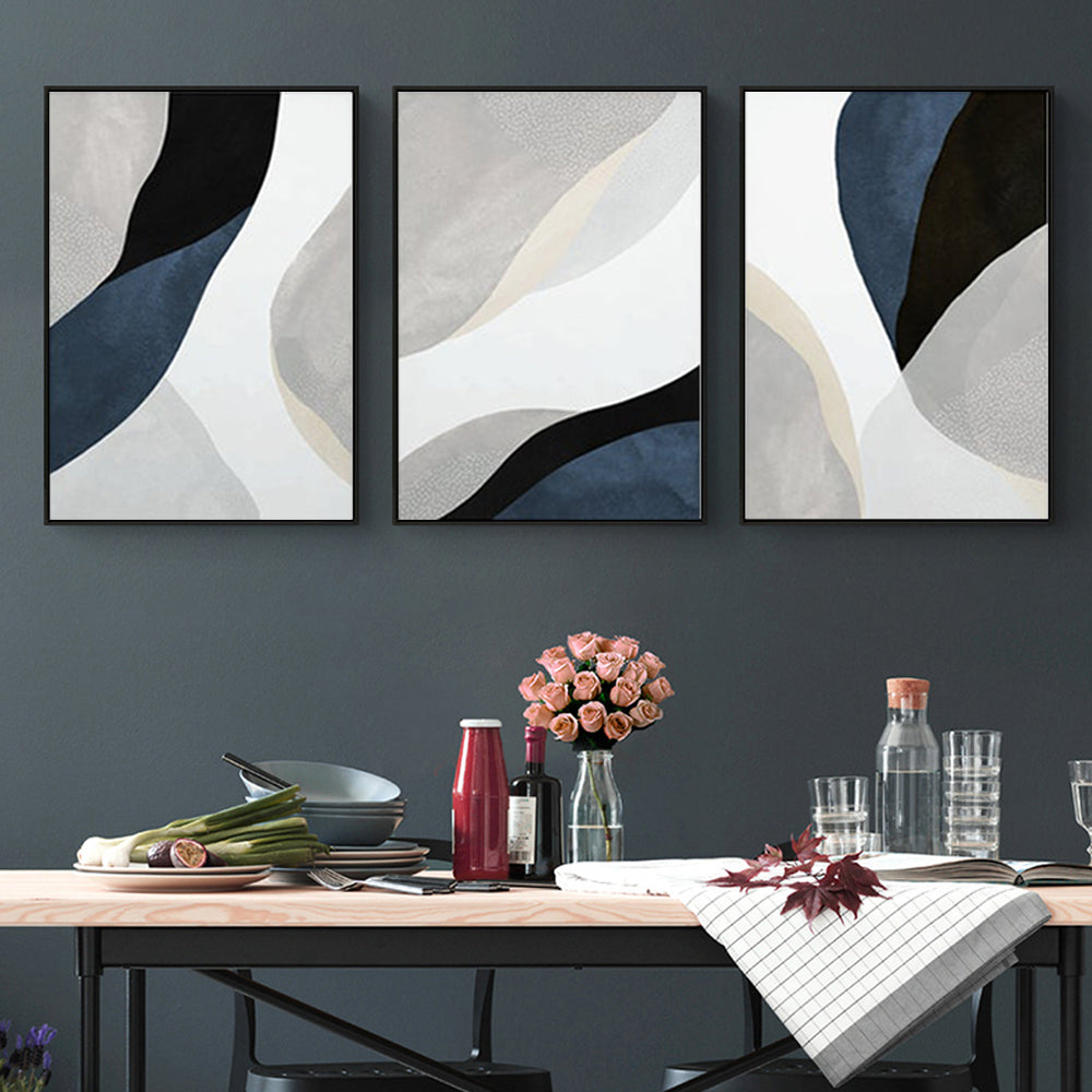 60cmx90cm Abstract Navy Blue 3 Sets Black Frame Canvas Wall Art - DecorHouse.com.au