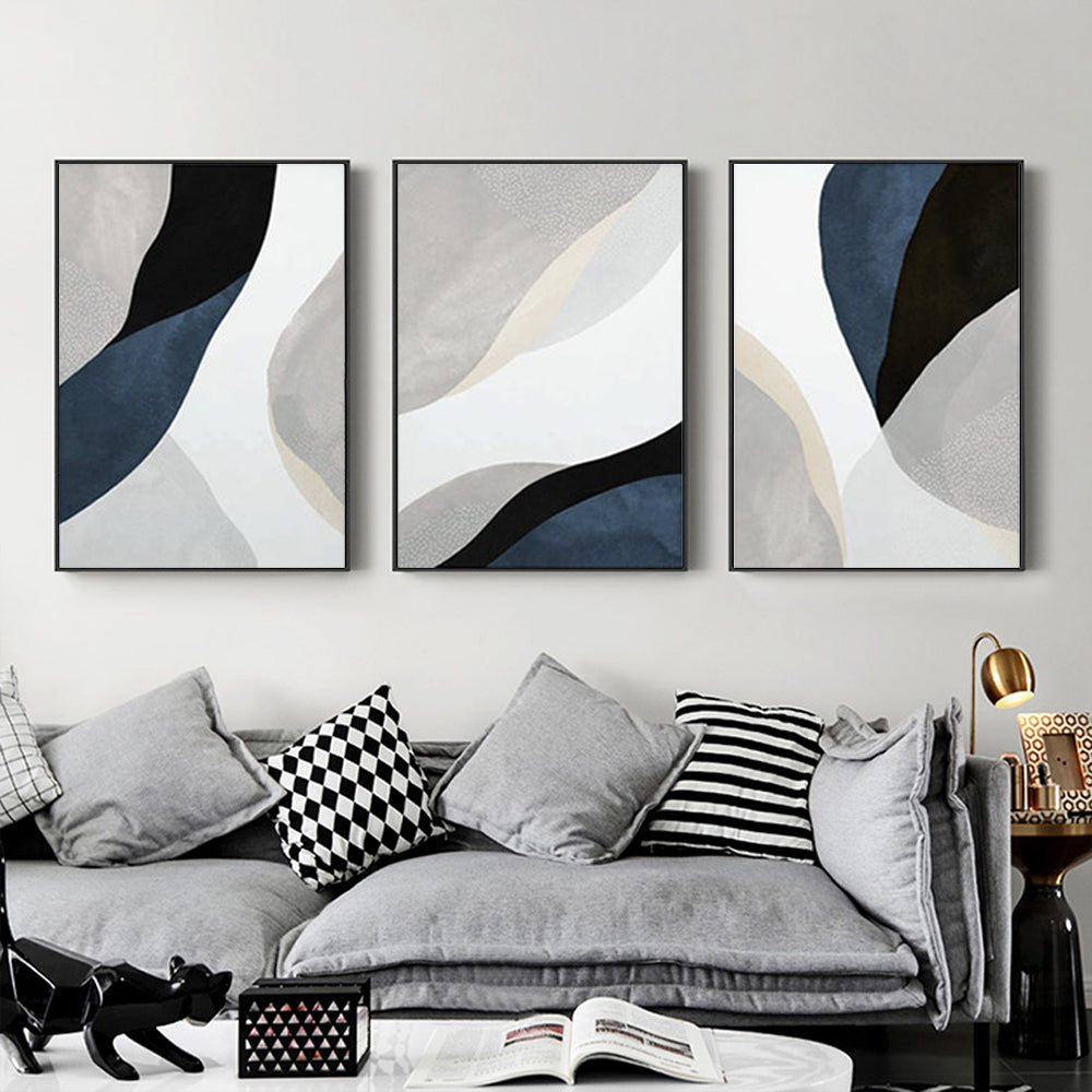 60cmx90cm Abstract Navy Blue 3 Sets Black Frame Canvas Wall Art - DecorHouse.com.au