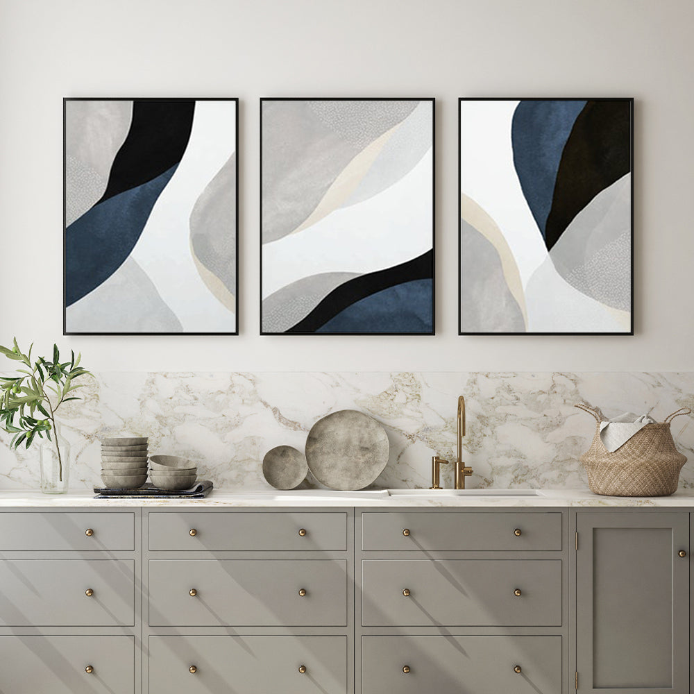 60cmx90cm Abstract Navy Blue 3 Sets Black Frame Canvas Wall Art - DecorHouse.com.au
