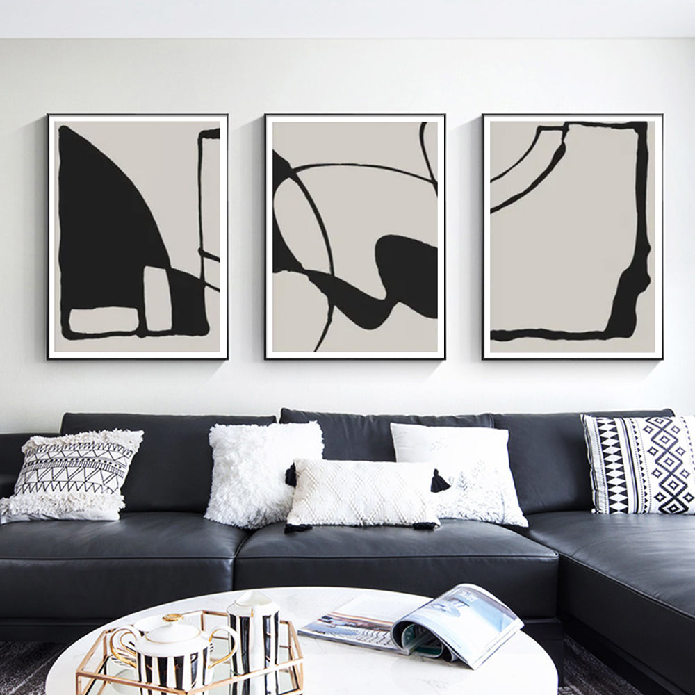 40cmx60cm Black Beige 3 Sets Black Frame Canvas Wall Art - DecorHouse.com.au