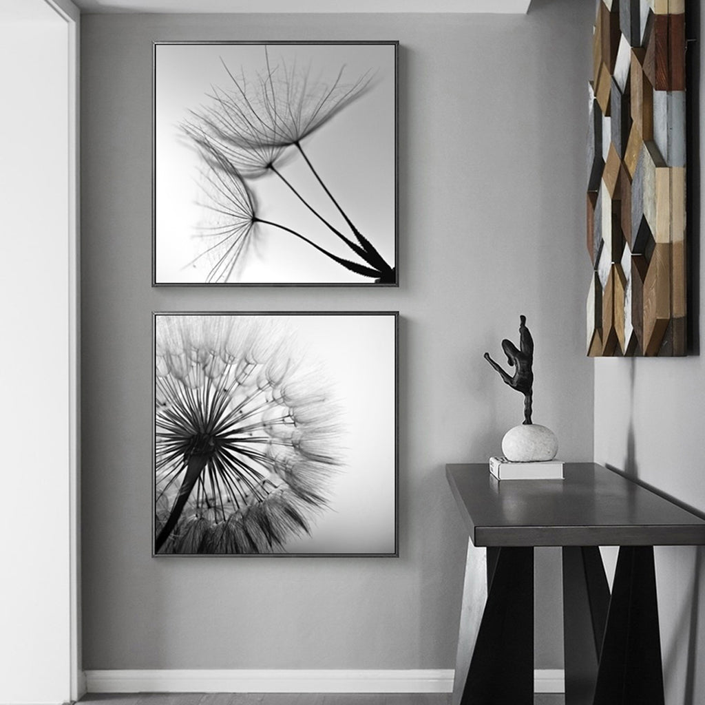 50cmx50cm Black and white dandelion 2 Sets Black Frame Canvas Wall Art - DecorHouse.com.au