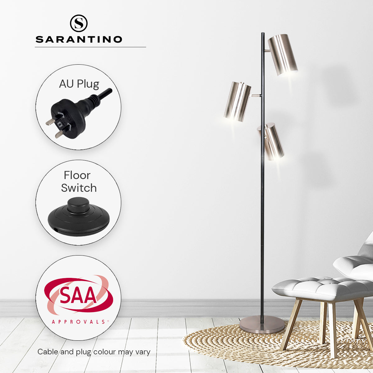 Sarantino 3-Shade Metal Floor Lamp Nickel & Matte Black Finish - DecorHouse.com.au