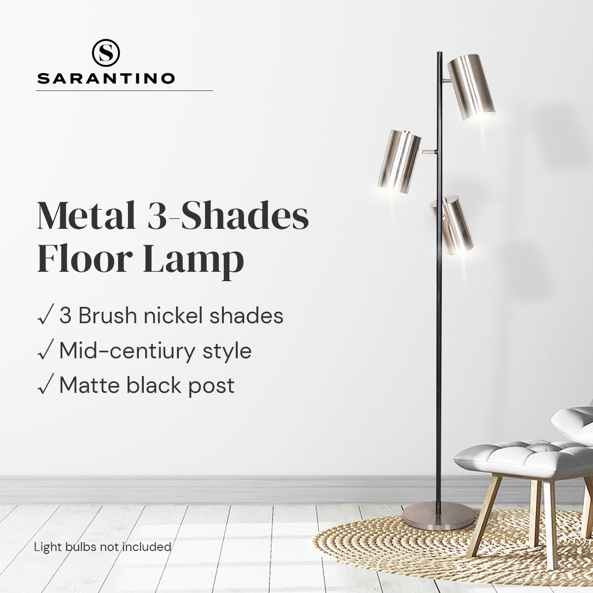 Sarantino 3-Shade Metal Floor Lamp Nickel & Matte Black Finish - DecorHouse.com.au