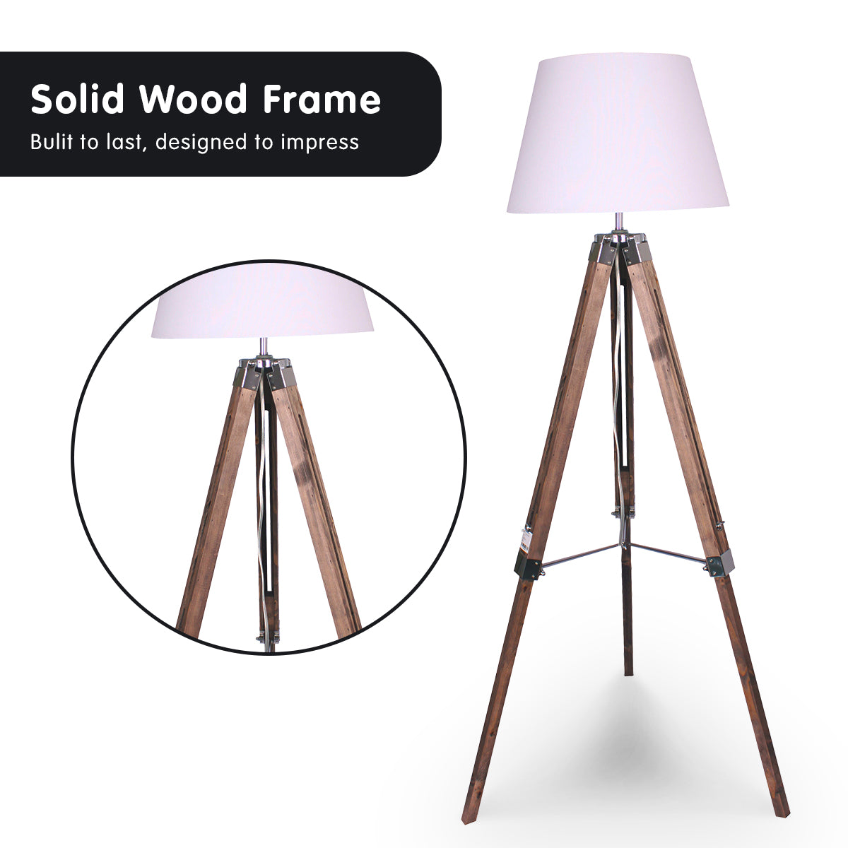 Sarantino Solid Wood Tripod Floor Lamp Adjustable Height White Shade - DecorHouse.com.au