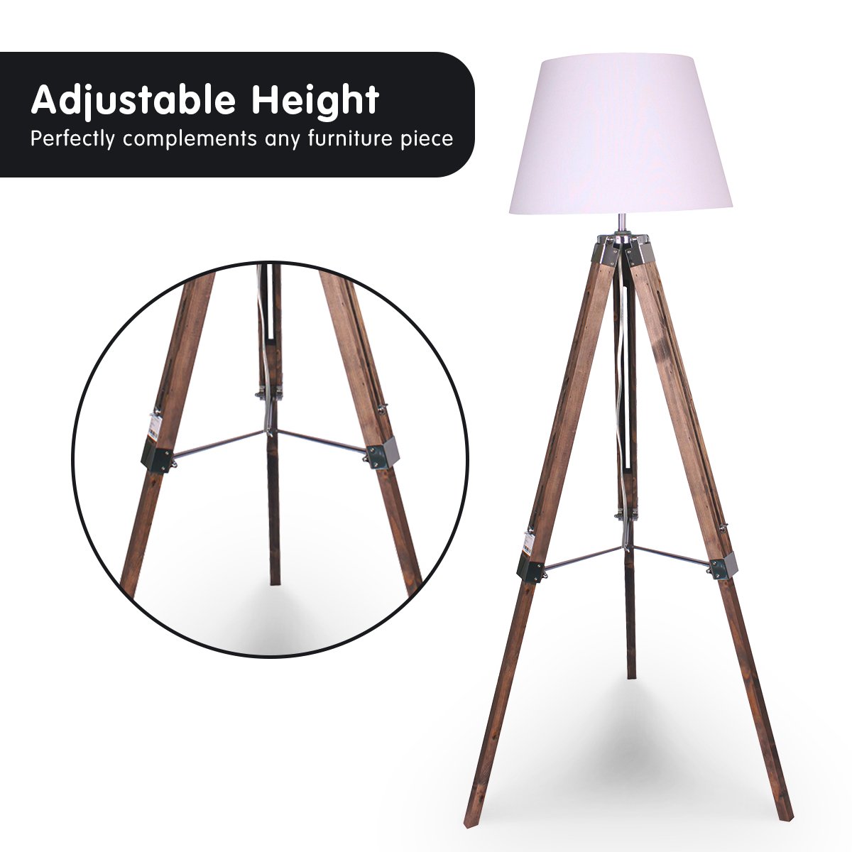 Sarantino Solid Wood Tripod Floor Lamp Adjustable Height White Shade - DecorHouse.com.au