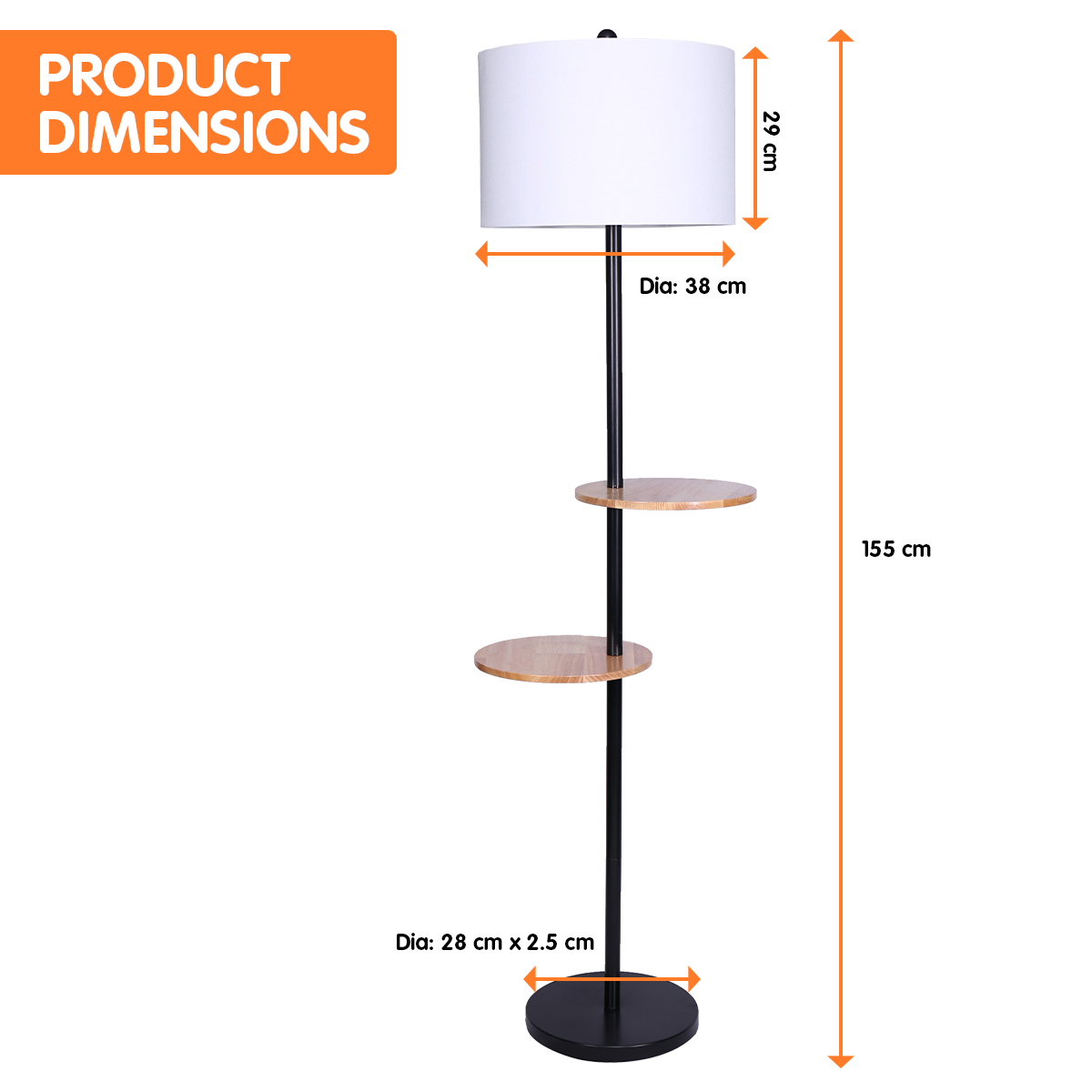 Sarantino Metal Floor Lamp Shade with Black Post in Round Wood Shelves - DecorHouse.com.au