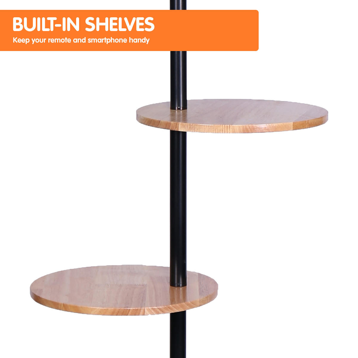 Sarantino Metal Floor Lamp Shade with Black Post in Round Wood Shelves - DecorHouse.com.au