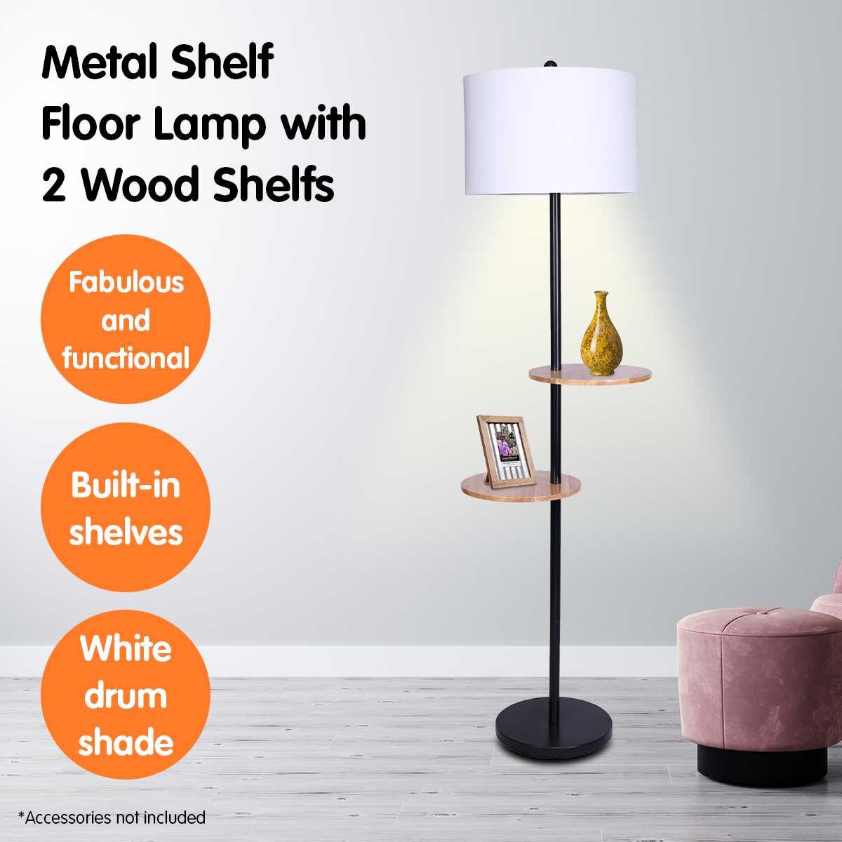 Sarantino Metal Floor Lamp Shade with Black Post in Round Wood Shelves - DecorHouse.com.au