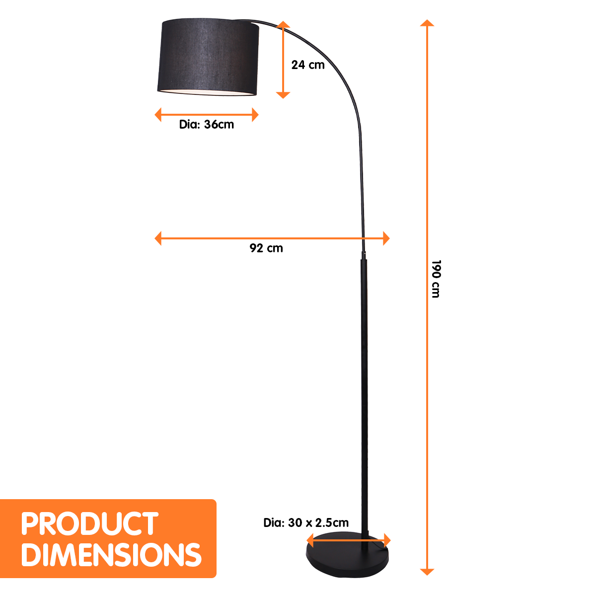 Sarantino Metal Arc Arm Floor Lamp Shade Black - DecorHouse.com.au