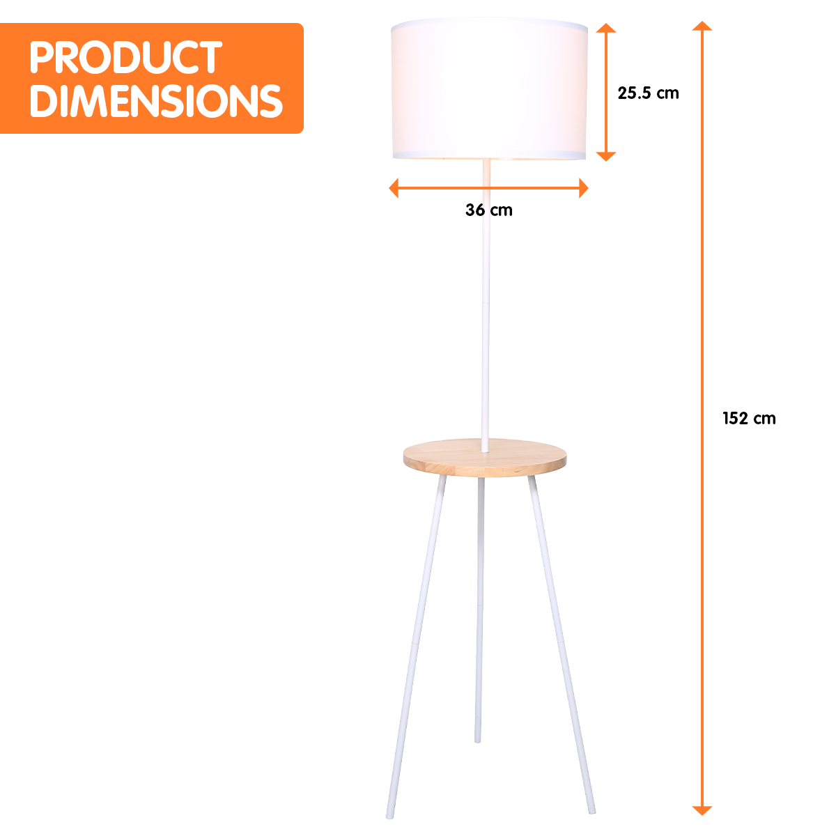 Sarantino Metal Tripod Floor Lamp Shade with Wooden Table Shelf - DecorHouse.com.au