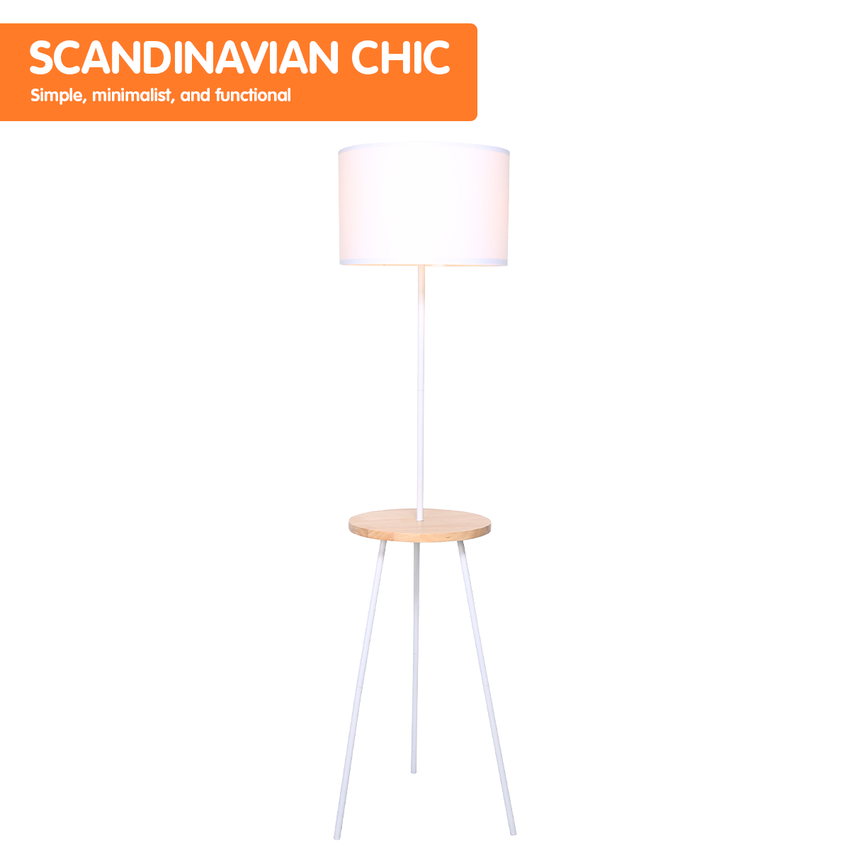 Sarantino Metal Tripod Floor Lamp Shade with Wooden Table Shelf - DecorHouse.com.au