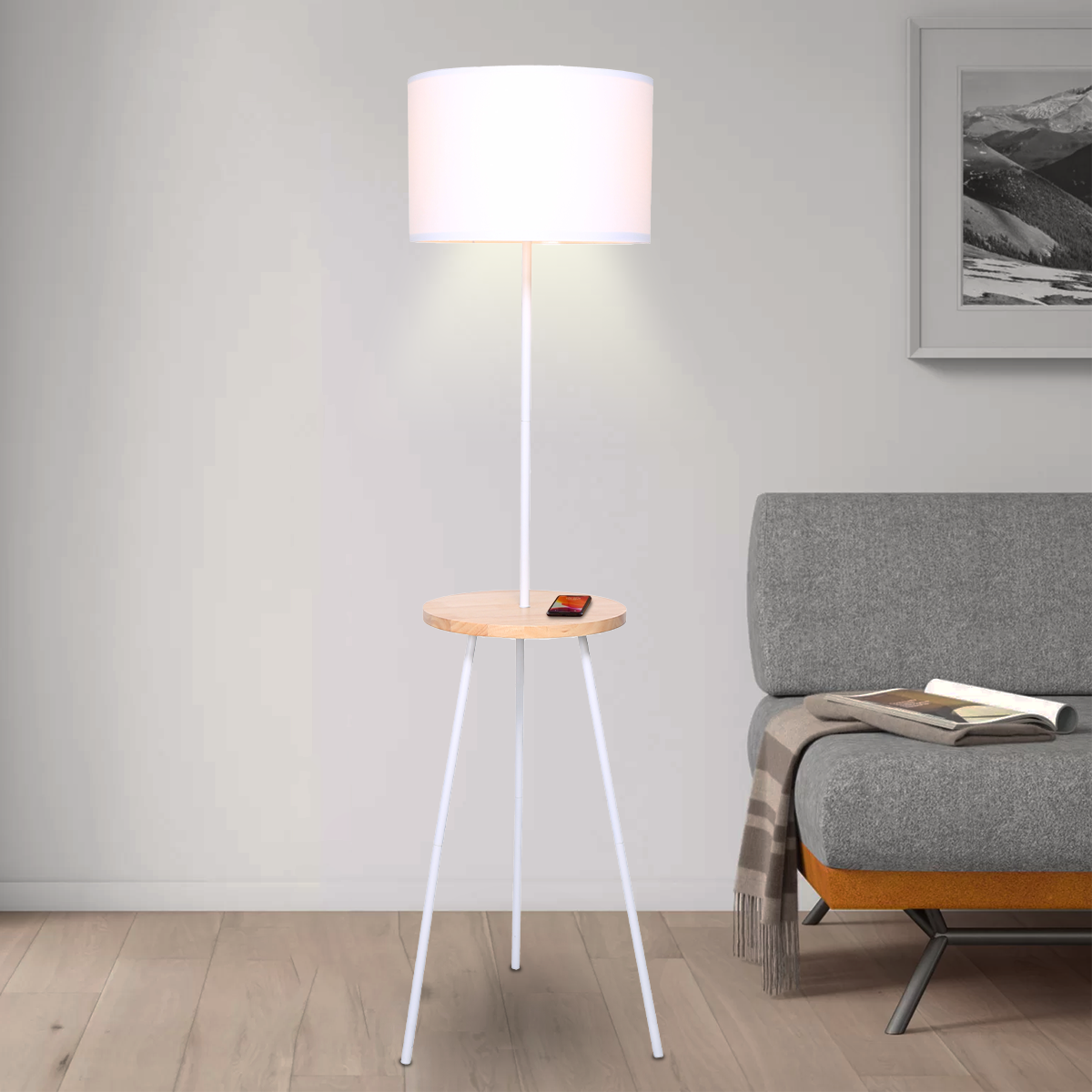 Sarantino Metal Tripod Floor Lamp Shade with Wooden Table Shelf - DecorHouse.com.au