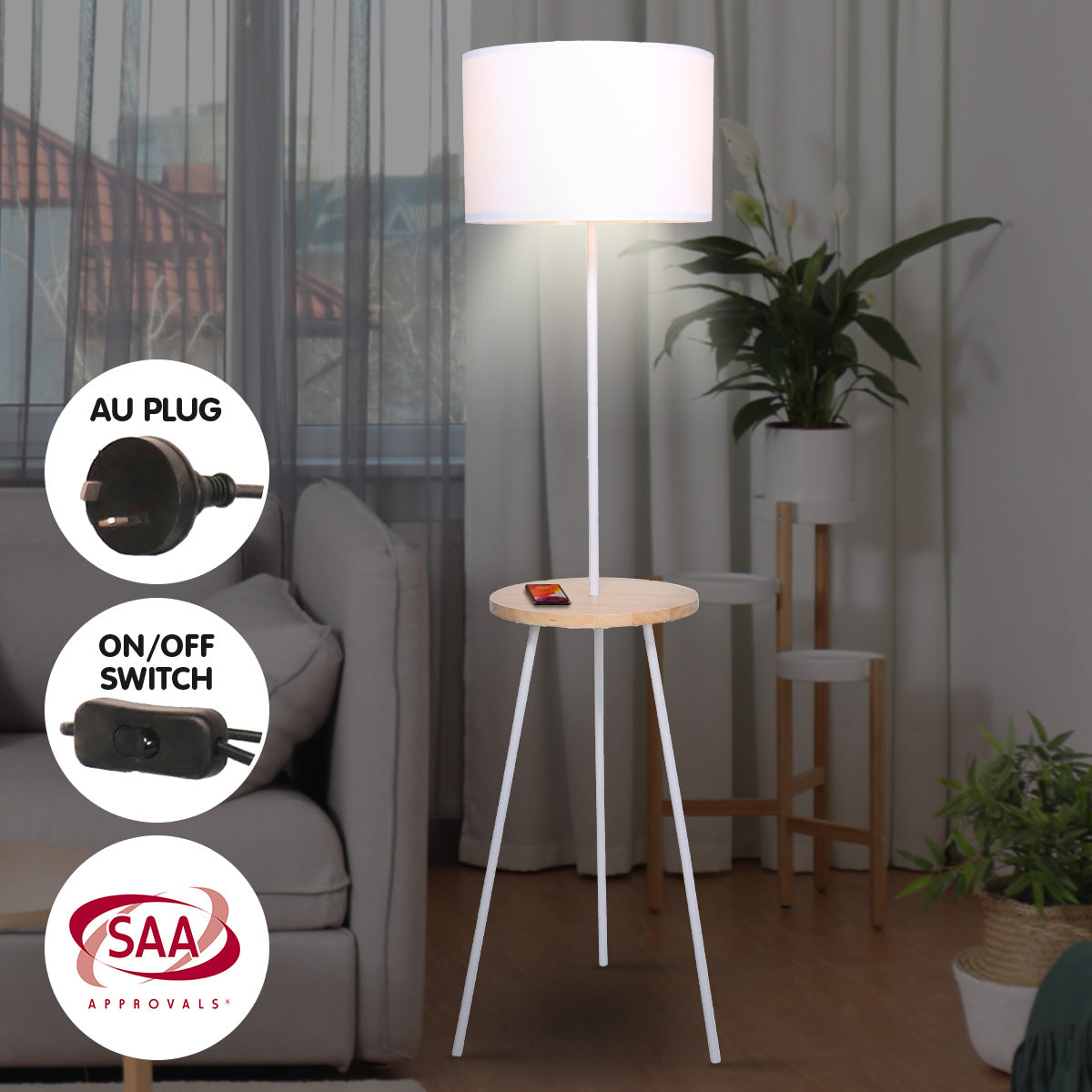 Sarantino Metal Tripod Floor Lamp Shade with Wooden Table Shelf - DecorHouse.com.au