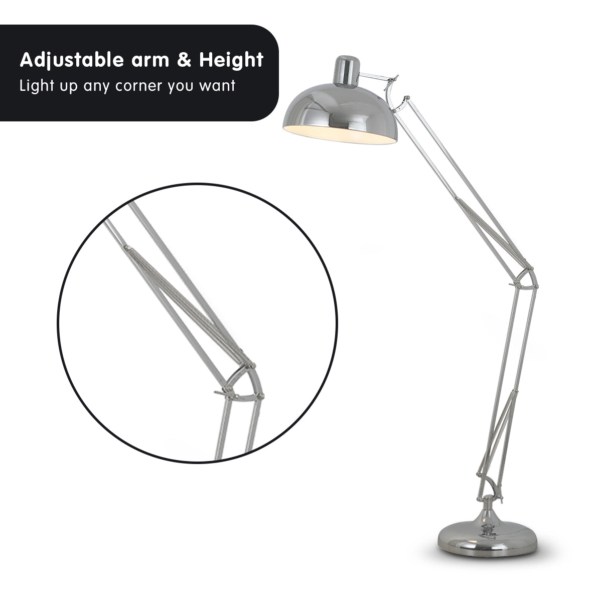 Sarantino Metal Architect Floor Lamp Shade Adjustable Height - Chrome - DecorHouse.com.au