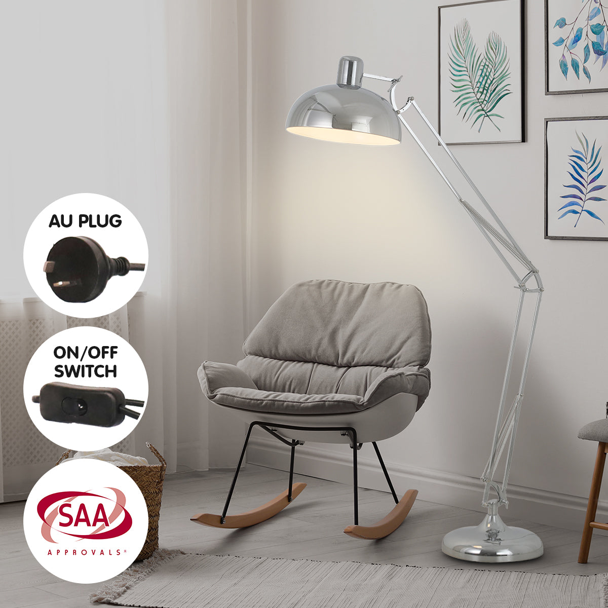 Sarantino Metal Architect Floor Lamp Shade Adjustable Height - Chrome - DecorHouse.com.au