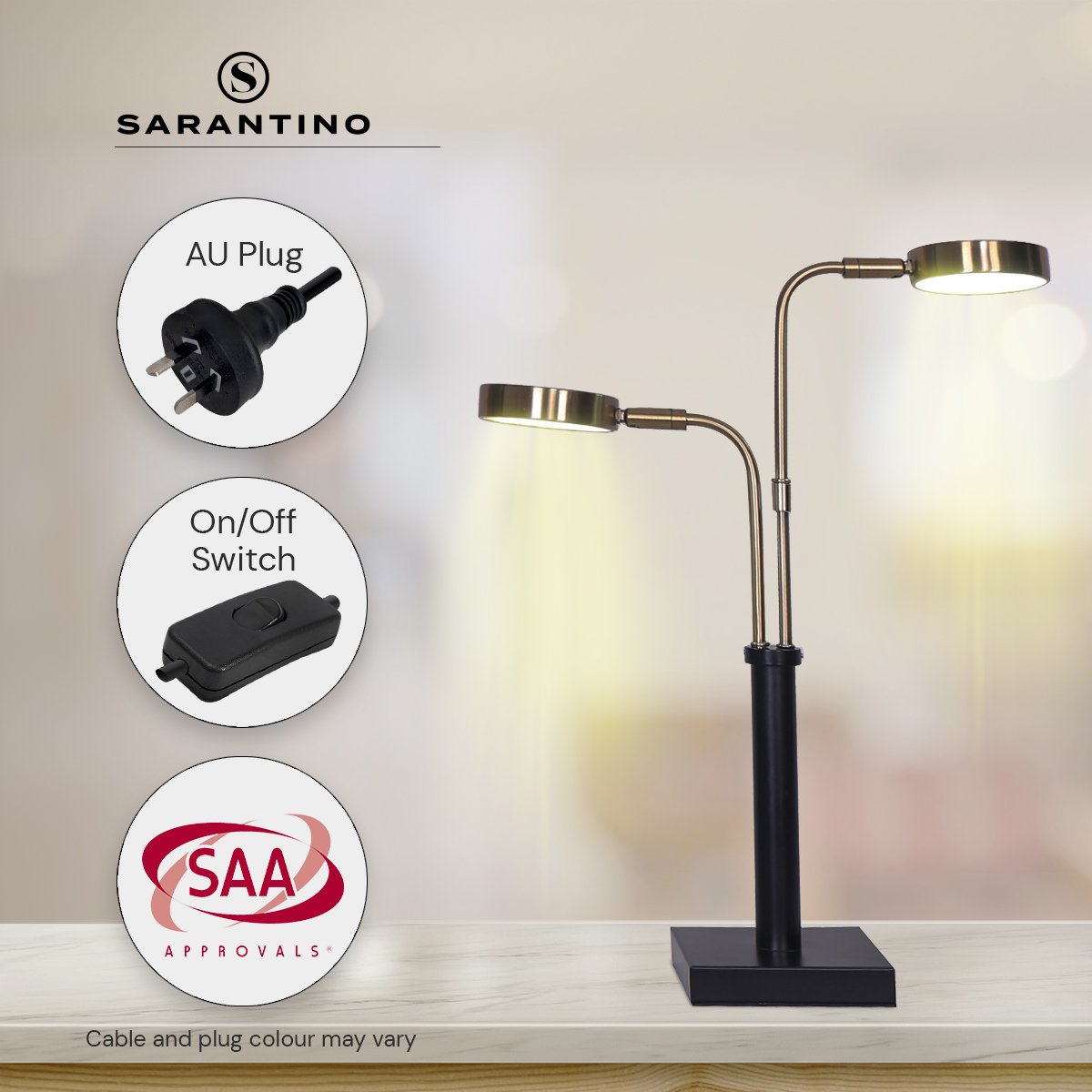 Sarantino LED Metal Table Lamp with 2 Lights Brushed Gold Black Finish - DecorHouse.com.au