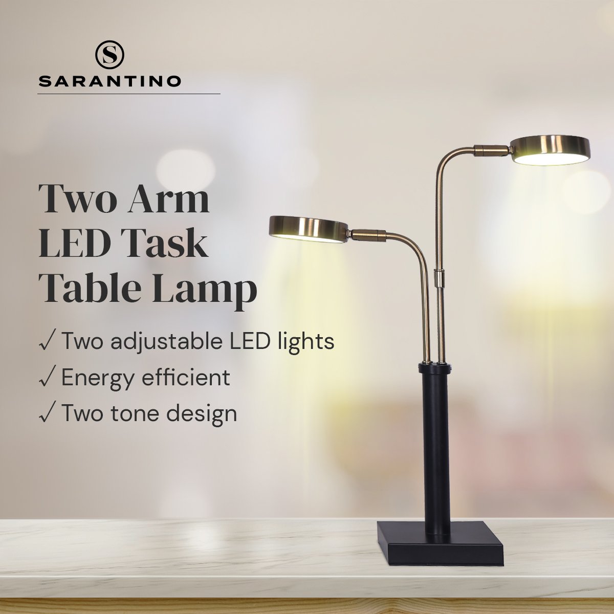 Sarantino LED Metal Table Lamp with 2 Lights Brushed Gold Black Finish - DecorHouse.com.au