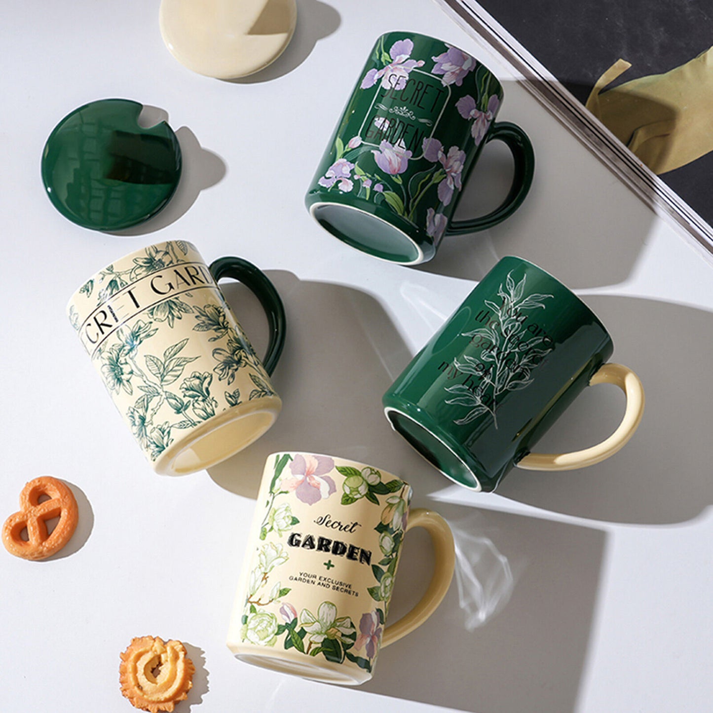 2X High-Fired Ceramic Porcelain Mug Set with Lid 400ml Vintage Floral Tea Spoon GREEN