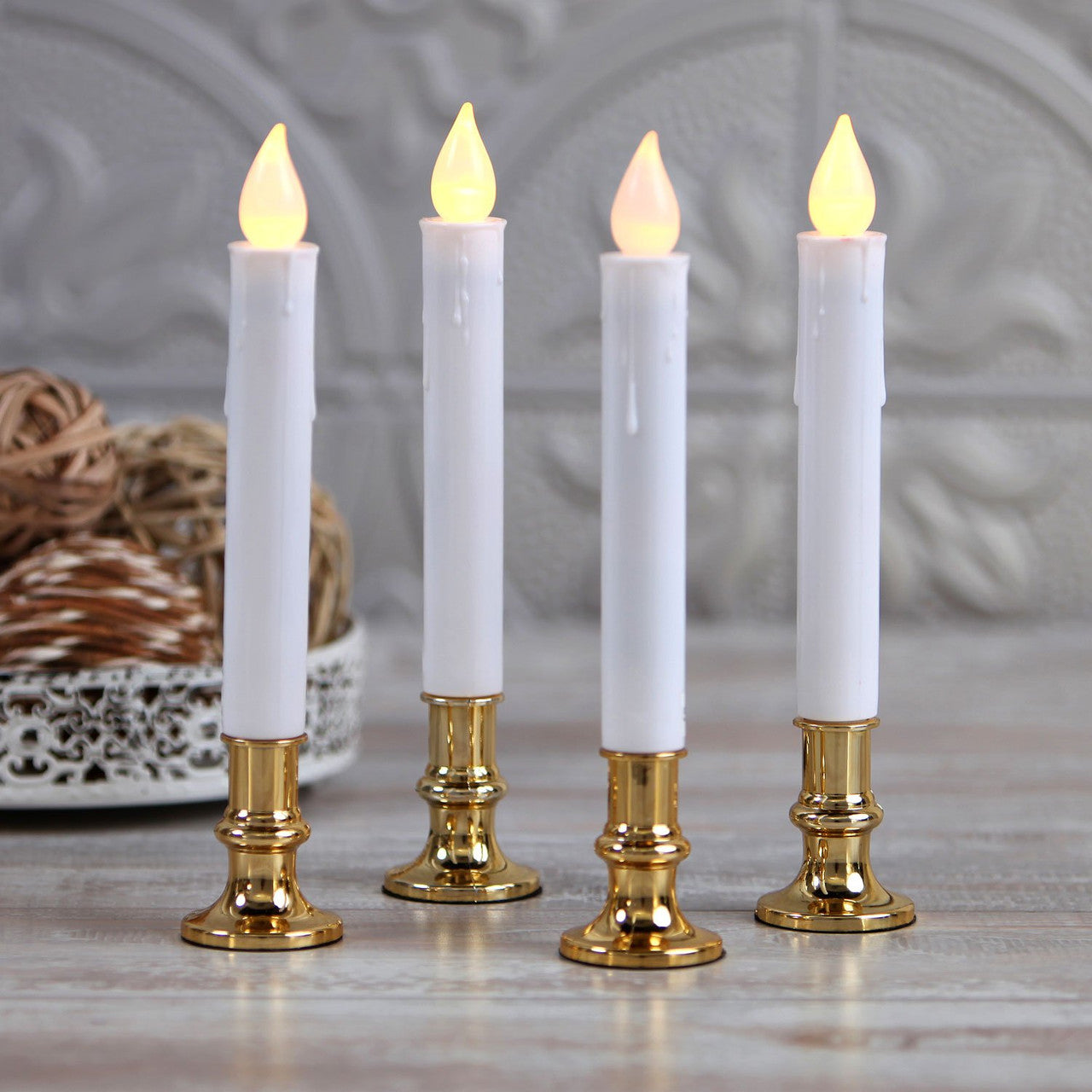 3 Pack Taper Stick White Battery Candle - Natural Flame Light Colour No Flicker - Gold Stand Base - DecorHouse.com.au
