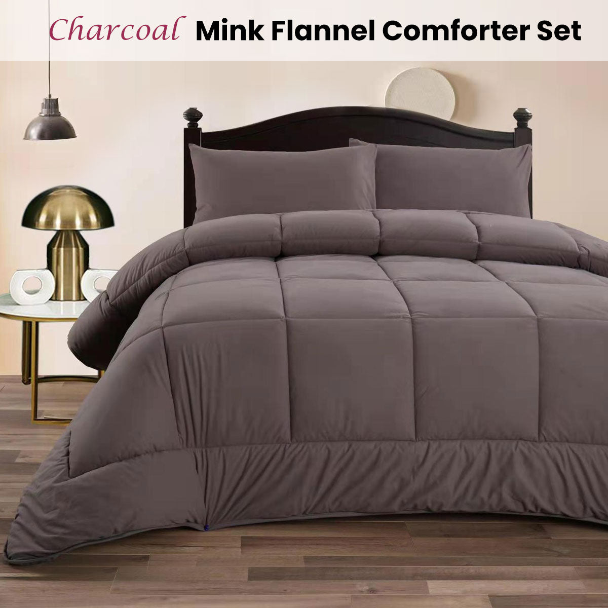 Ramesses Charcoal 3- Piece Mink Flannel Comforter Set Double