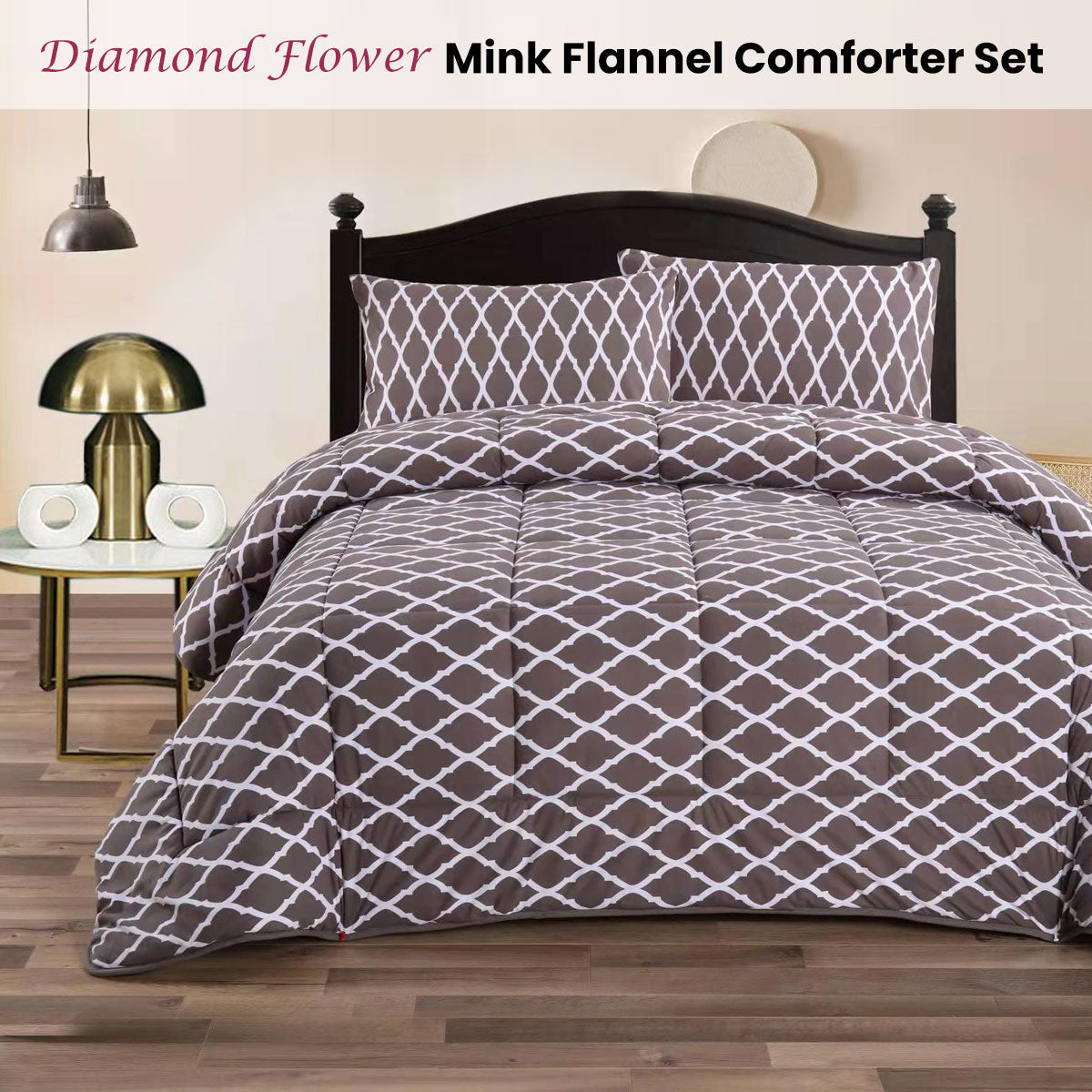 Ramesses Diamond Flower 3- Piece Mink Flannel Comforter Set Queen