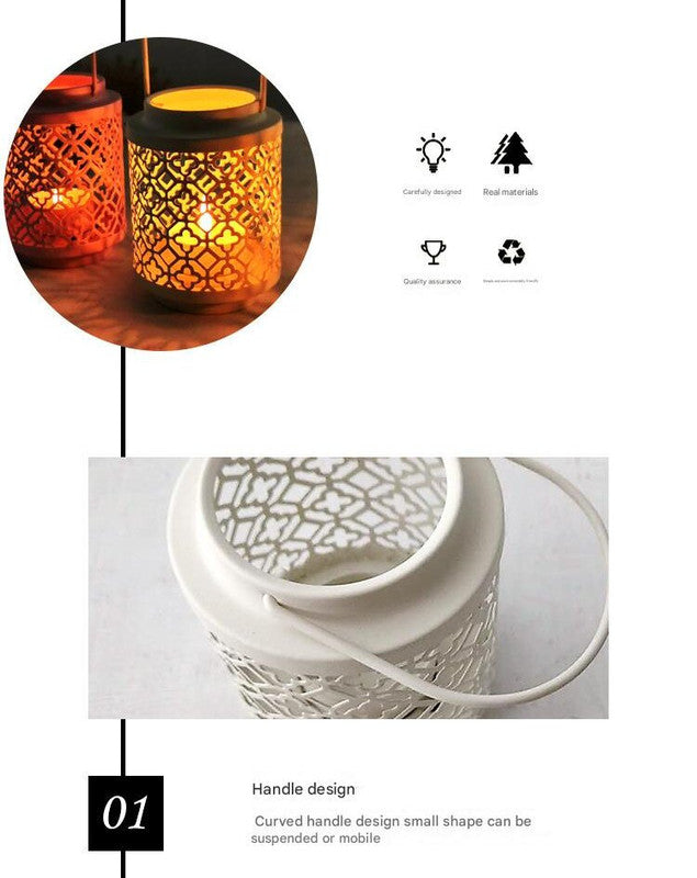 White Vintage Style Candle Lantern - Iron Tabletop Centerpiece for Home Decor