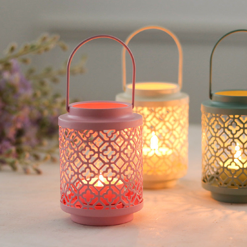 Pink Vintage Style Candle Lantern - Iron Tabletop Centerpiece for Home Decor
