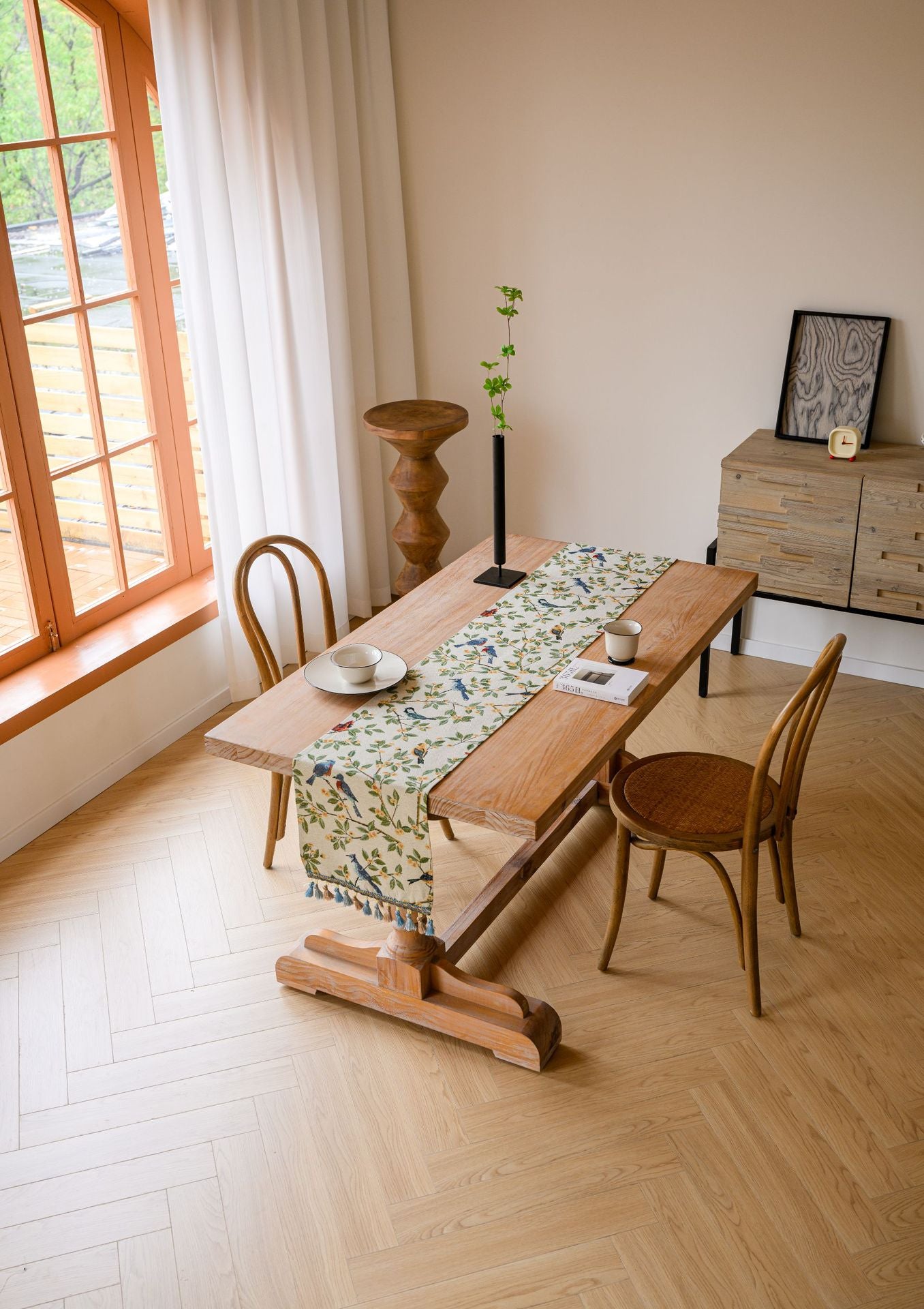 Birds & Branch Table Runner - Jacquard Woven Beige with Tassels(33X180CM)