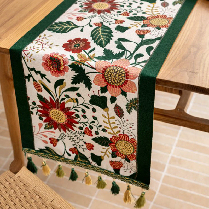 35x200cm Green Pastoral Table Runner - Spring Floral Oil Painting Style with Tassels