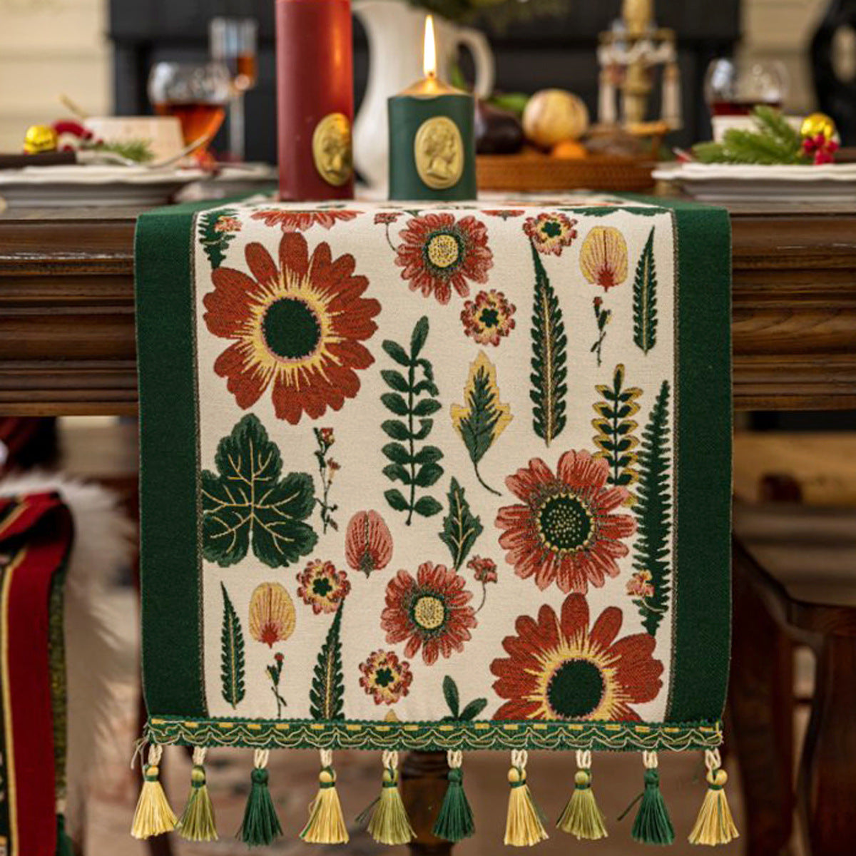 35x220cm Green Pastoral Table Runner - Spring Floral Oil Painting Style with Tassels