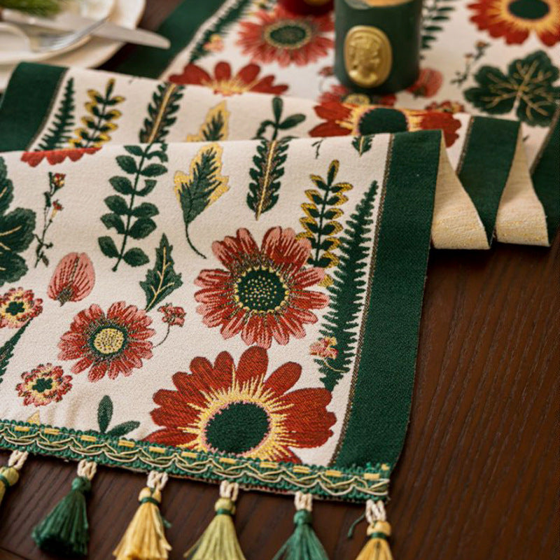 35x220cm Green Pastoral Table Runner - Spring Floral Oil Painting Style with Tassels