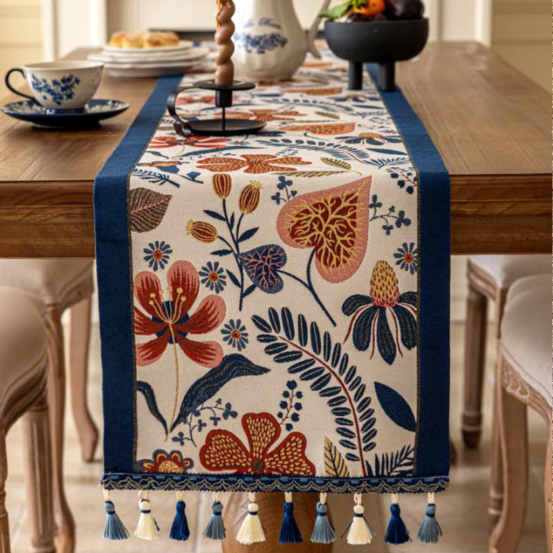 35x220cm Blue Pastoral Table Runner - Spring Floral Oil Painting Style with Tassels