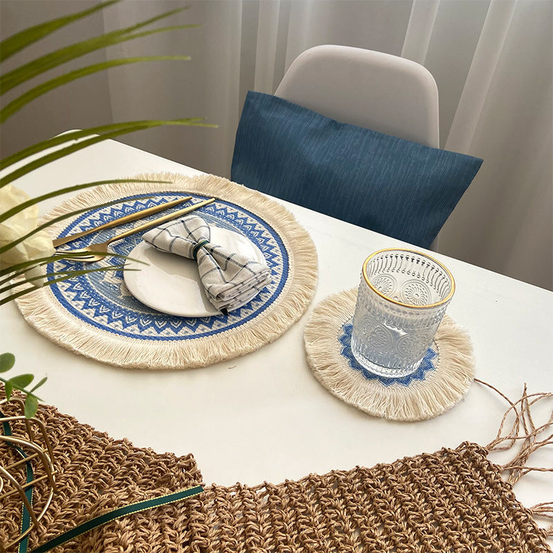 4 Pcs Beige and Purple Boho Chic Woven Cotton Placemat with Tassels - Nordic Bohemian Style(Tableware is a prop for shooting and is not included)