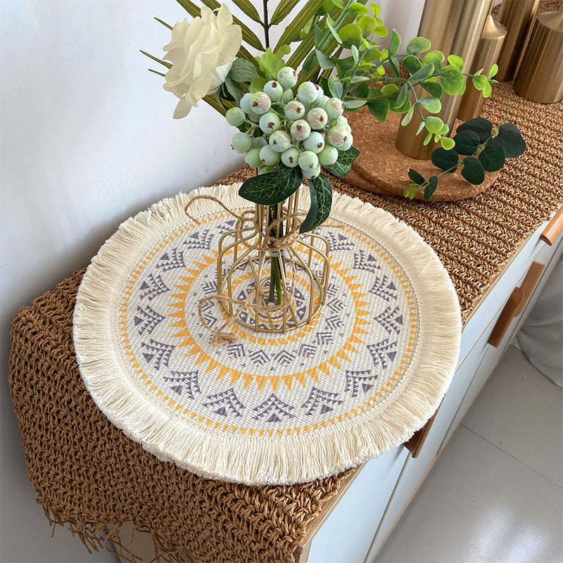 4 Pcs Beige and Purple Boho Chic Woven Cotton Placemat with Tassels - Nordic Bohemian Style(Tableware is a prop for shooting and is not included)