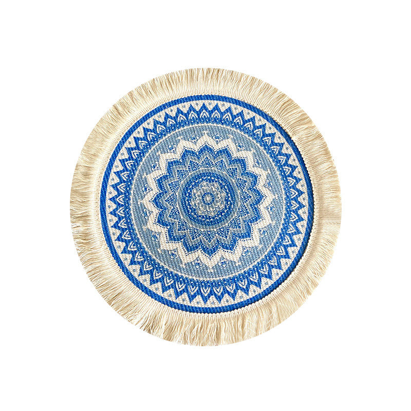 4 Pcs Beige and Purple Boho Chic Woven Cotton Placemat with Tassels - Nordic Bohemian Style(Tableware is a prop for shooting and is not included)