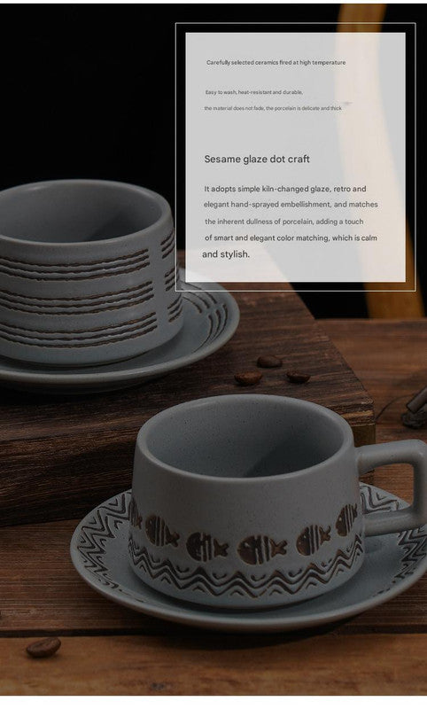 Vintage Ceramic Coffee Cup and Saucer Set - Elegant Afternoon Tea Set(Ink Black)
