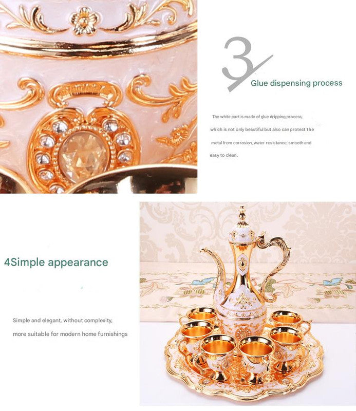 Elegant Gold Metal Serving Set - Decanter, 6 Cups, Tray (Gold Green)