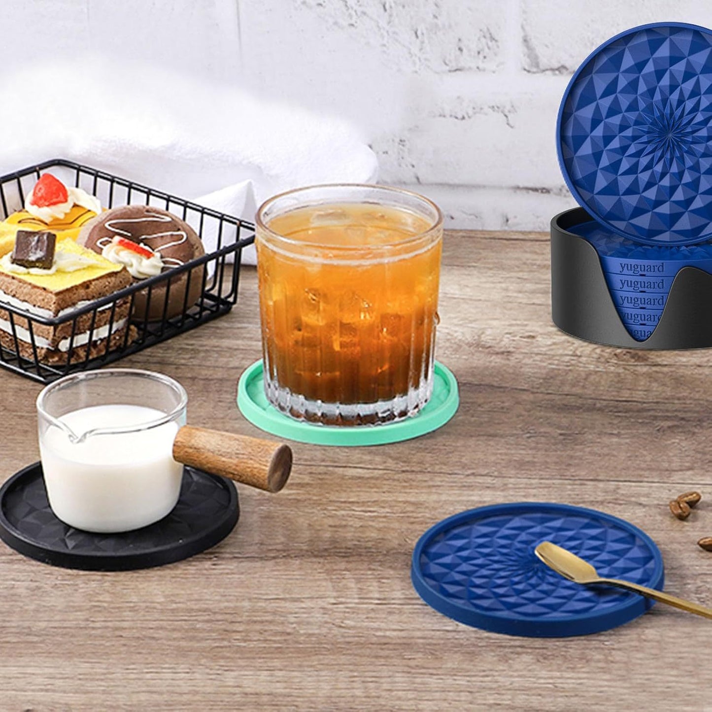 Red and Black Geometric Silicone Drink Coasters Set (6 Pack) with Holder - Non-Slip Table Protectors