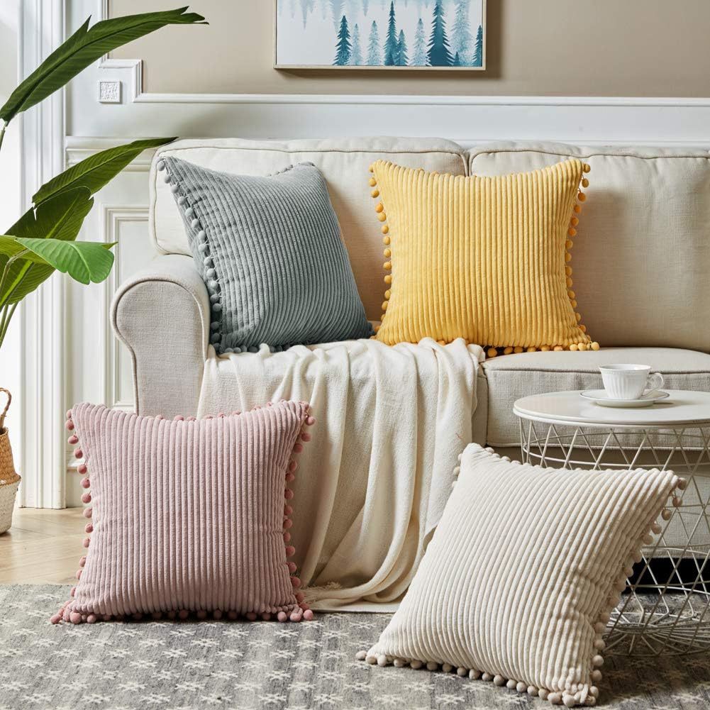Yellow Soft Corduroy Cushion Cover Set (1 Square + 1 Rectangular) with Pom Pom Trim - Decorative Throw Pillow Cases for Sofa Couch