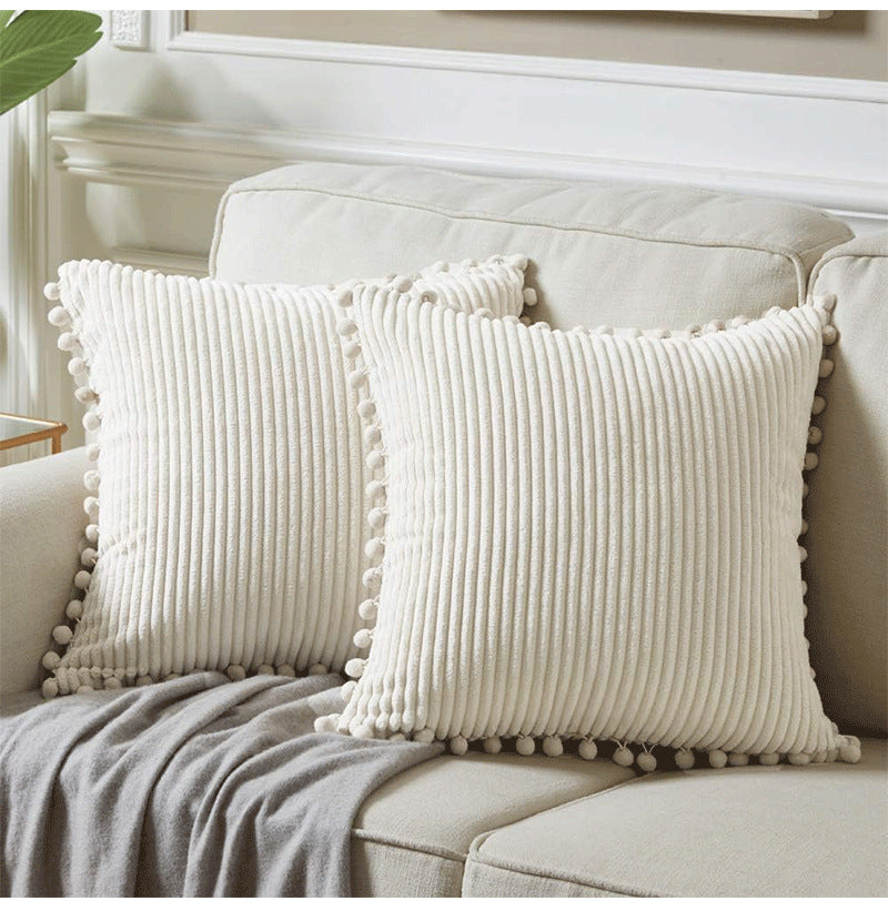 Yellow Soft Corduroy Cushion Cover Set (1 Square + 1 Rectangular) with Pom Pom Trim - Decorative Throw Pillow Cases for Sofa Couch