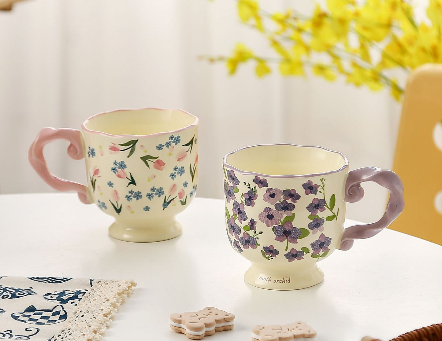 Elegant Ceramic Mug with Sculpted Handle,400ml Vintage Inspired Pedestal Design(Matcha Green)