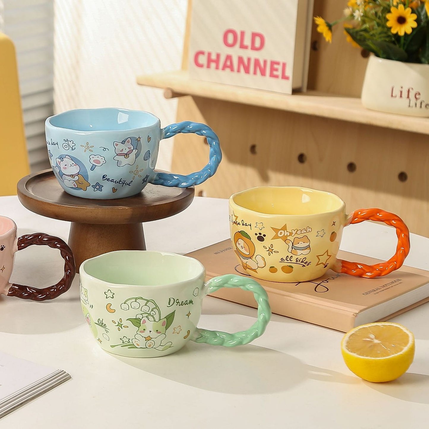Whimsical Cat & Friends Ceramic Mug - 320ml with Unique Twisted Handle (Yellow)