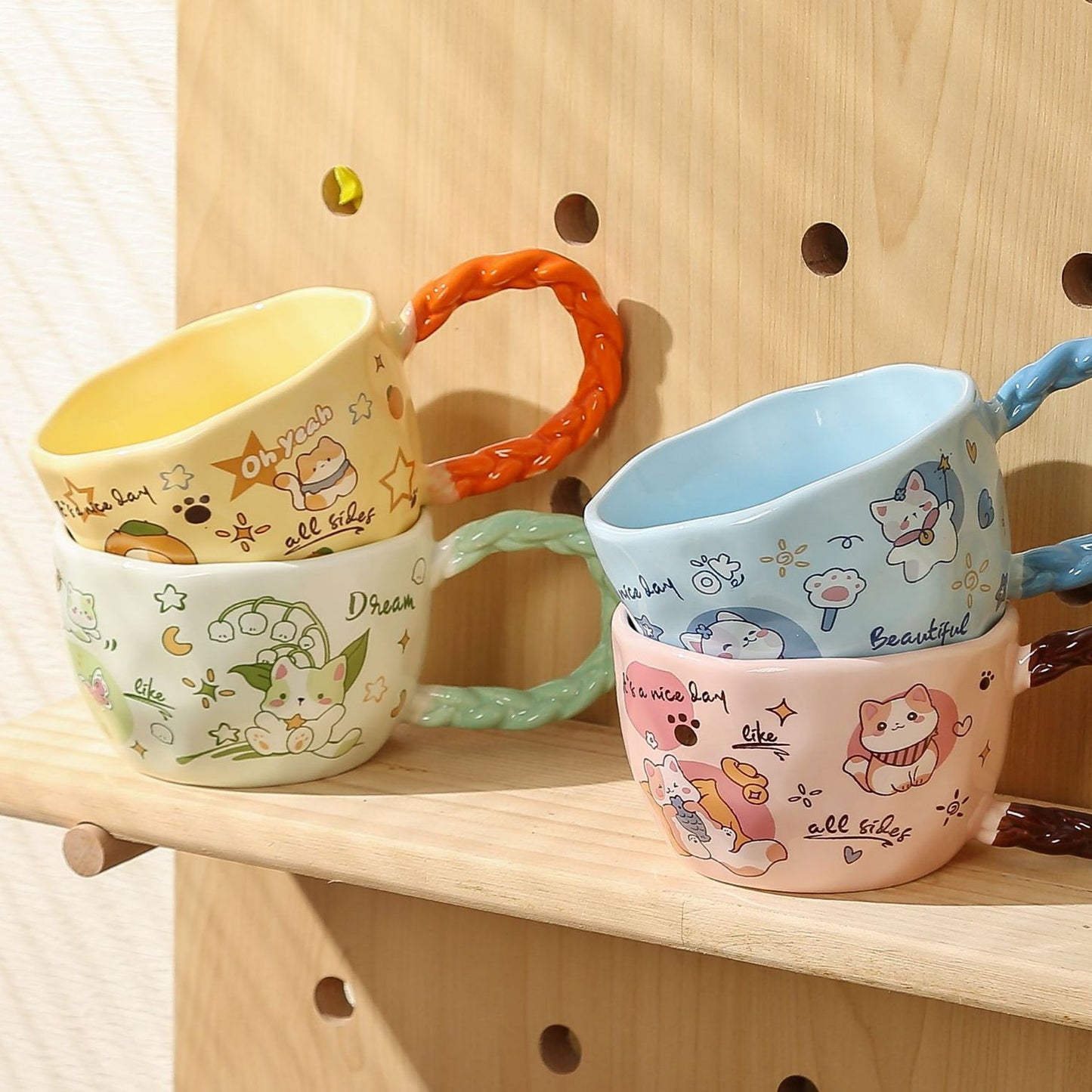 Whimsical Cat & Friends Ceramic Mug - 320ml with Unique Twisted Handle (Yellow)