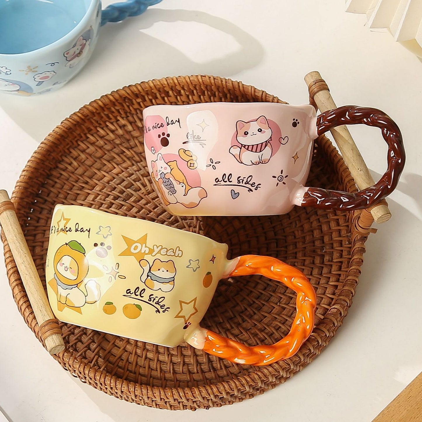 Whimsical Cat & Friends Ceramic Mug - 320ml with Unique Twisted Handle (Yellow)