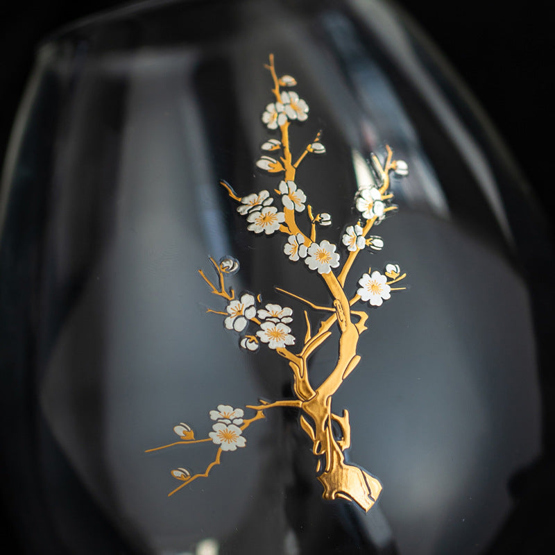 Windproof Glass Candle Cover with Wood Base - For Tealights, Zen Home Accent (Plum blossom candlestick)
