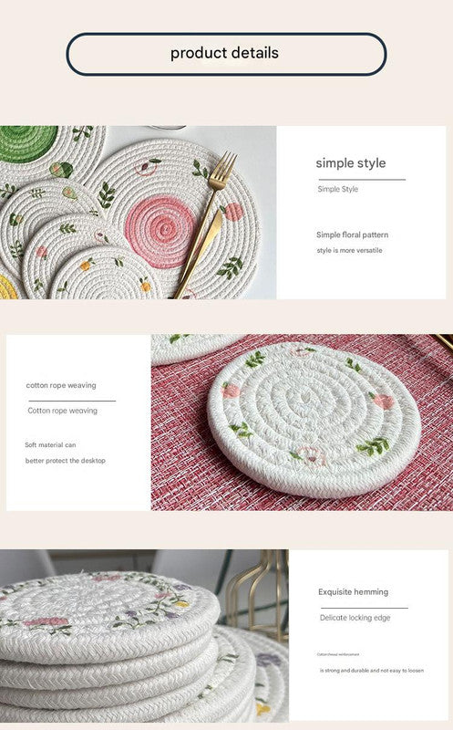(Peach) Cotton Rope Woven Placemats - Set of 5, 11cm Diameter Heat Resistant Kitchen Decor