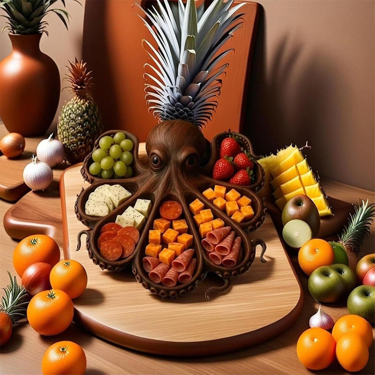 Style A Brown Artisan Crafted Solid Wood Octopus Charcuterie Board - Unique Appetizer & Cheese Serving Platter