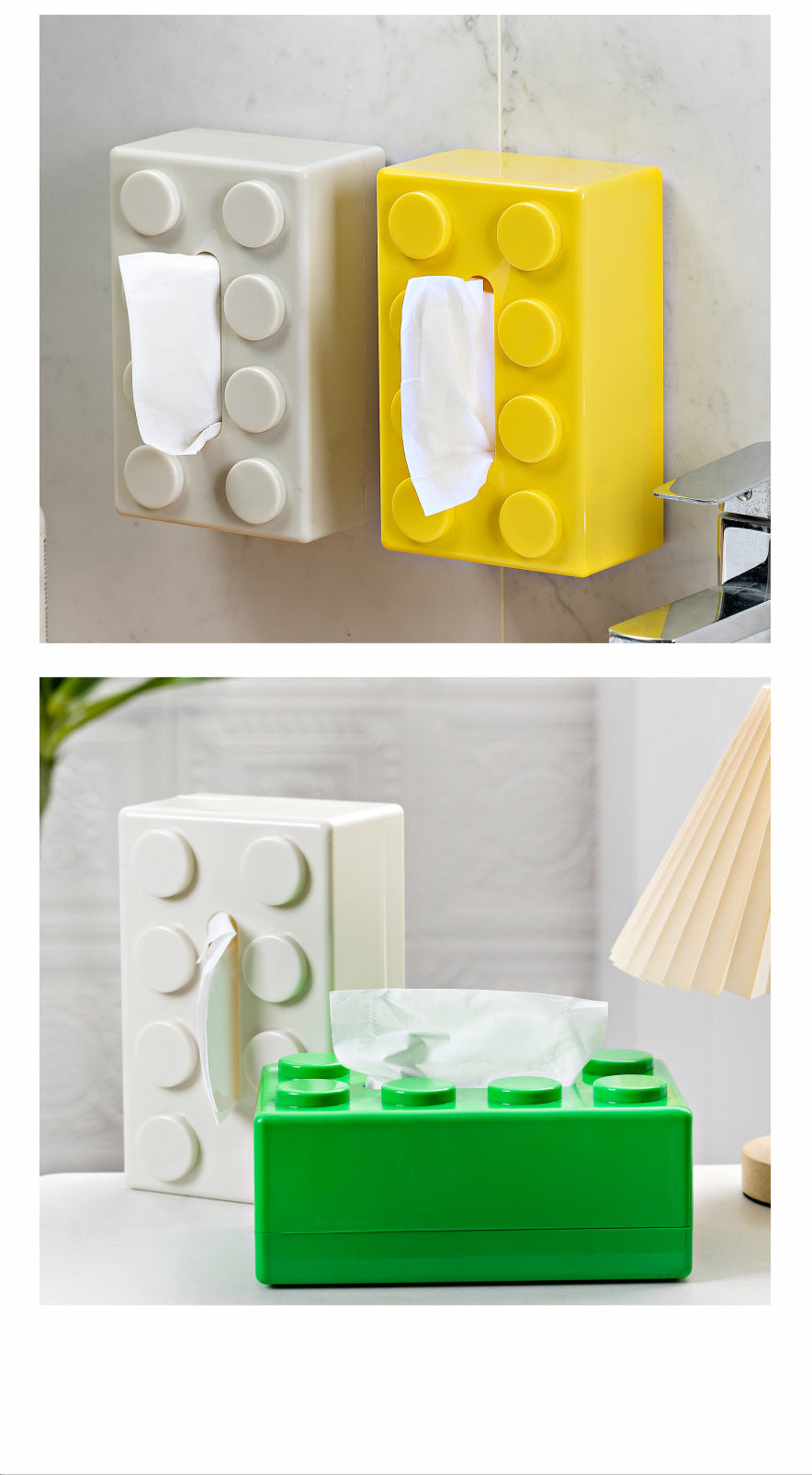 Yellow 2 Pcs Creative Building Block Tissue Box Holder - Wall-Mounted & Desktop Dispenser for Bathroom, Kids Room & Office Decor